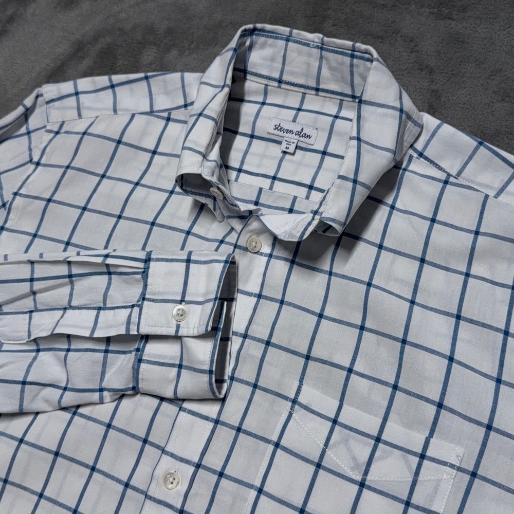 Steven Alan Button Down Shirt Mens Medium White Blue Plaid Long Sleeve Cotton